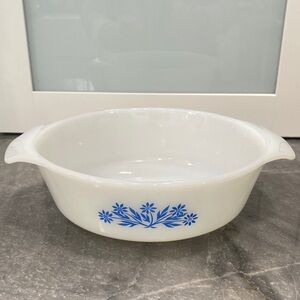 Anchor Hocking White Milk Glass Bake Dish with Blue Floral Cornflower Pattern
